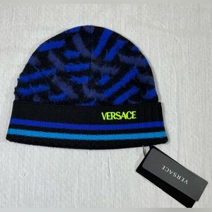 VERSACE GRECA KNIT BRUSHED JAQUARED BEANIE, NEW WITH TAGS, FROM NEIMANS